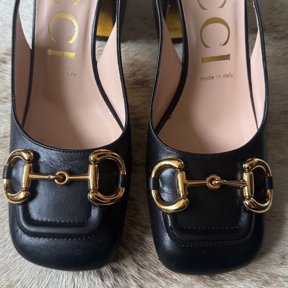 Gucci 37 7 Black Leather Gold Horsebit Mark Jane Pumps Heels Slingback with Box - Picture 8 of 16